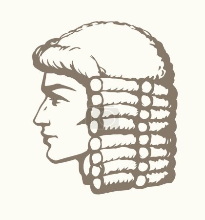 Line closeup legal law judicial venetian baroque periwig dress set. Outline black hand drawn royal europe france theater lord artist character logo sign icon art ancient cartoon design. Close up view