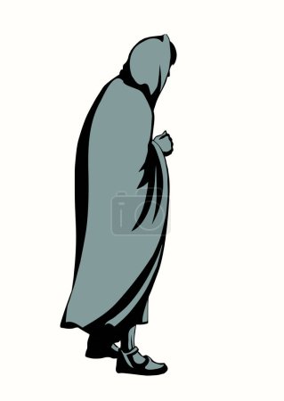 Illustration for Hand drawn line holy god elder male rabbi guy stand bow icon sign retro age Asian church faith story art cartoon sketch style white sky. Moses female Jew hide rear view sin cloak cloth savior symbol - Royalty Free Image