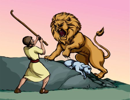 Vector drawing. An angry lion steal sheep