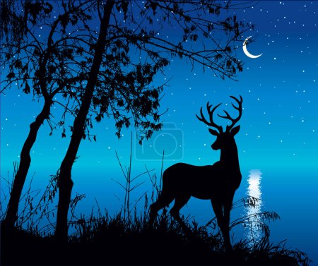 Cute big strong young hoof beast head stand fall yard garden hill light morn scenic view Old large dry shrub leaf grove thicket starry moonlight even scene twilight ocean sea coast art style sign icon