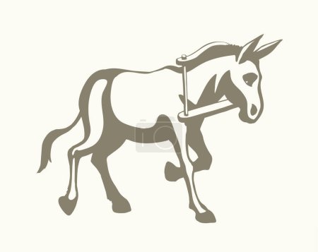 Illustration for Side view funny ass pony breed pet head go ranch zoo stand white text space. Gray black hand drawn art sketch fun hoof jack beast mare ride plow equine retro bible logo sign icon farmer bridle culture - Royalty Free Image