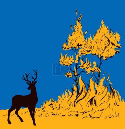 Abstract red forestry warm ignite wild glow ash view bright light text space Dark black hand draw big male adult rut rack horn beast head run risk destroy dry global climate wind icon sign concept art