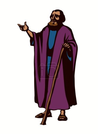 Illustration for Holy jew god believe wise male rabbi priest stand speak rise arm offer story. Hand drawn black line art sketch retro age middle Asia Saudi Arabia ethnic robe dress cloth cane view white sky text space - Royalty Free Image