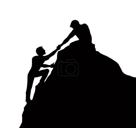 Illustration for 2 work risk human leader render union trust try effort crisis life arm reach up hang fail hiker white sky. Line aid care sketch graphic vector art cartoon unity high hill canyon peak gap pit top win - Royalty Free Image