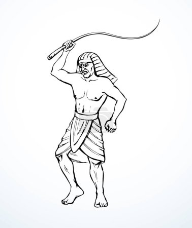 Illustration for Past east africa pharaoh prison force dress cloth culture ruler guy stand arm emotion story. Black line hand drawn retro african age strong strap stock tail armor hit slave art sketch war army symbol - Royalty Free Image