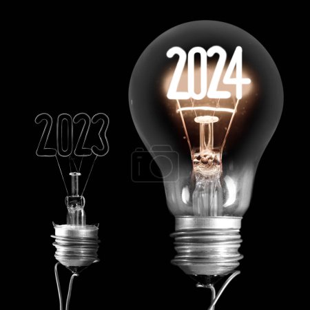 Photo for Horizontal group of shining light bulbs with fiber in a shape of New Year 2024 and dark light bulbs with years passed isolated on black background. - Royalty Free Image