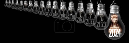 Photo for Horizontal group of shining light bulb with fiber in a shape of New Year 2024 and dimmed light bulbs with years passed isolated on black background. - Royalty Free Image