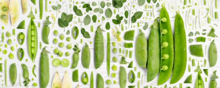 Photo for Pea and Pod vegetable piece, slice and leaf collection. Flat lay, seamless abstract on wooden background. - Royalty Free Image
