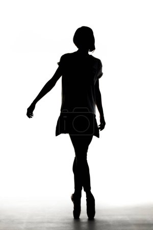 Photo for Silhouette of a ballerina wearing shirt and elegant dress standing against white background - Royalty Free Image