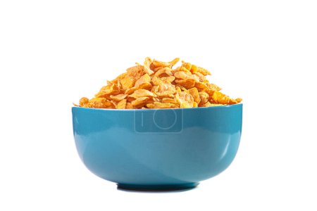 Photo for Blue bowl with corn flakes against white background - Royalty Free Image