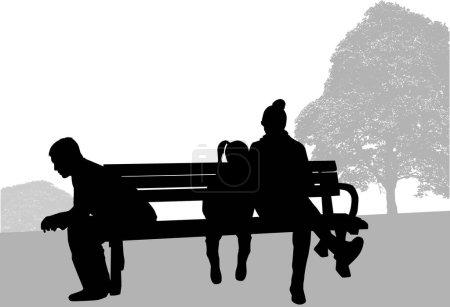 Téléchargez les illustrations : Silhouettes noires de personnes assises sur un banc - en licence libre de droit