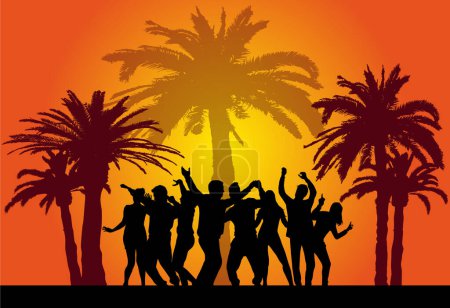 Téléchargez les illustrations : Dancing silhouettes of people under the palm trees. - en licence libre de droit