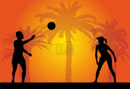 Ilustración de Beach ball game, sunset and palm trees. - Imagen libre de derechos