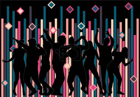 Téléchargez les illustrations : Dancing people silhouettes , retro background. - en licence libre de droit