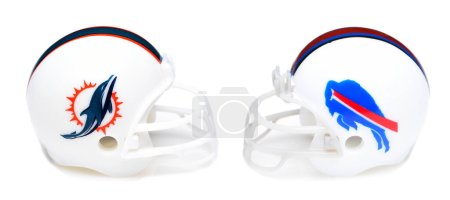 Photo for IRVINE, CALIFORNIA - 9 JAN 2023: Helmets for the Miami Dolphins and Buffalo Bills, opponents in the NFL Wild Card Game. - Royalty Free Image