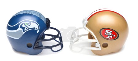 Photo for IRVINE, CALIFORNIA - 9 JAN 2023: Helmets for the Seattle Seahawks and San Francisco 49ers, opponents in the NFL Wildcard Game - Royalty Free Image