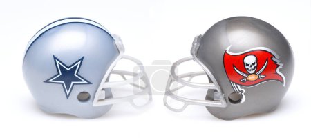 Photo for IRVINE, CALIFORNIA - 9 JAN 2023: Helmets for the Dallas Cowboys and the Tampa Bay Buccaneers, opponents in the NFL Wildcard Game - Royalty Free Image