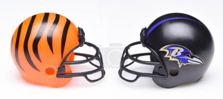 Photo for IRVINE, CALIFORNIA - 9 JAN 2023: Helmets for the Cincinnati Bengals and Baltimore Ravens, opponents in the NFL Wildcard Game. - Royalty Free Image