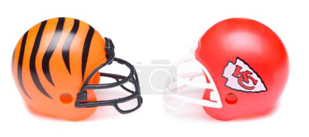 Photo for IRVINE, CALIFORNIA - 23 JAN 2023: Helmets for the Cincinatti Bengals and Kansas City Chiefs, opponents in the AFC Conference Championship Game. - Royalty Free Image