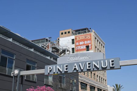 Photo for LONG BEACH, CALIFORNIA - 18 APR 23023: Historic Pine Avenue sign in downtown Long Beach. - Royalty Free Image