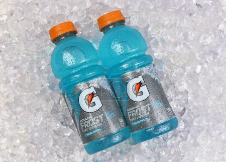 Photo for IRVINE, CALIFORNIA - 5 JUNE 2023: Two bottles of Gatorade Frost Glacier Freeze Thirst Quencher on ice. - Royalty Free Image