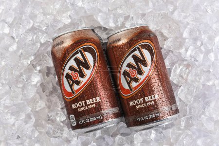 Photo for IRVINE, CALIFORNIA - 12 AUG 2023:  Two cans of A and W Root Beer on a bed of ice. - Royalty Free Image