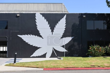 Foto de SANTA ANA, CALIFORNIA - 23 SEPT 2023: Logo de la hoja de marihuana en el lado del dispensario de cannabis The Spot. - Imagen libre de derechos