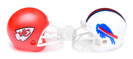 Photo for IRVINE, CALIFORNIA - 18 JAN 2024: Helmets for the Kansas City Chiefs and Buffalo Bills, opponents in the NFL Divisional Playoff Round. - Royalty Free Image