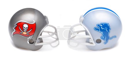 Photo for IRVINE, CALIFORNIA - 18 Jan 2024: Football helmets of the Tampa Bay Buccaneers and the Detroit Lions opponents in the Divisional Round of the playoffs. - Royalty Free Image