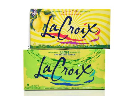 Photo for IRVINE, CALIFORNIA - 18 FEB 2024: Two 8 packs of La Croix Sparkling Water, one Lime and one LimonCello flavored. - Royalty Free Image
