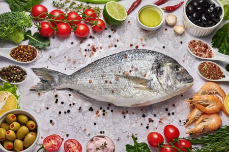 Photo for Fresh Fish Food background. Different seafood, shrimps and red caviar. Fish for cooking with herbs, vegetables and spices isolated on white background. Raw Meats Panorama banner. - Royalty Free Image