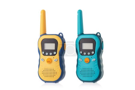 Foto de Portable radios Walkie talkie isolated on white background, color mobile phone kids toys - Imagen libre de derechos