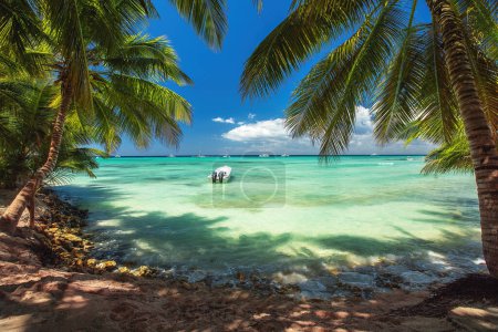 Téléchargez les photos : Belle mer des Caraïbes et bateau de vitesse sur le rivage de la plage, vue panoramique depuis la plage. Île de Saona, République dominicaine - en image libre de droit