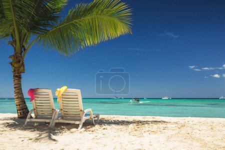 Foto de Palm tree and tropical island beach with lounge sun chairs - Imagen libre de derechos