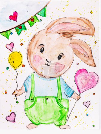 Téléchargez les photos : Aquarelle aquarelle aquarelle peinture de lapin mignon peinture sur toile avec des cœurs d'amour, éclaboussures et ballon à la main - en image libre de droit