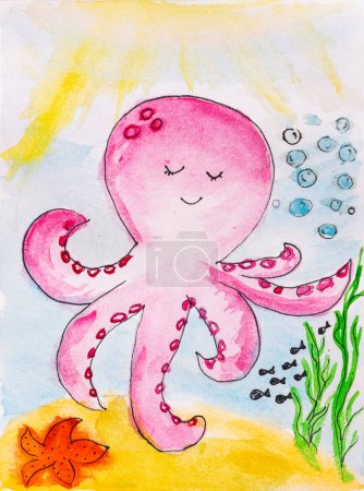 Téléchargez les photos : Aquarelle aquarelle peinture de pieuvre mignonne dans une mer profonde avec des rayons de soleil dans la peinture à l'eau sur toile - en image libre de droit