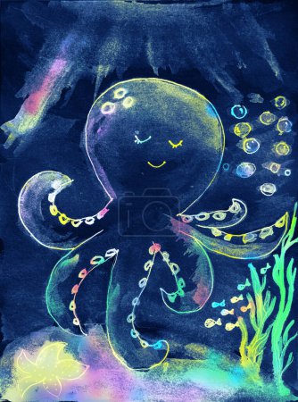 Téléchargez les photos : Aquarelle aquarelle peinture de pieuvre mignonne dans une mer profonde avec des rayons de soleil dans la peinture à l'eau sur toile - en image libre de droit