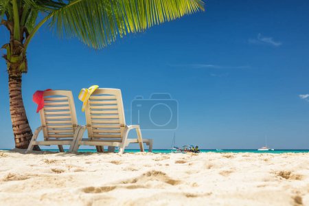 Téléchargez les photos : Plage paradisiaque des Caraïbes avec palmiers, Dominicana, Punta Cana, île de Saona. Meilleure destination de voyage pour les vacances d'été - en image libre de droit