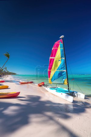 Foto de Velero catamarán colorido en playa tropical contra mar caribeño - Imagen libre de derechos