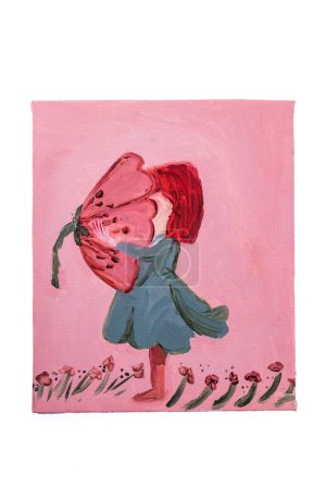 Téléchargez les photos : Petite fille en robe dans le champ fleuri de fleurs peinture à l'huile sur toile - en image libre de droit