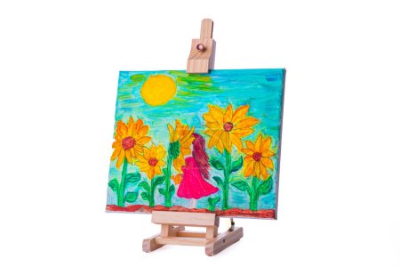 Téléchargez les photos : Petite fille en robe dans le champ fleuri de fleurs peinture à l'huile sur toile, image sur un trépied d'art - en image libre de droit