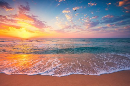 Téléchargez les photos : Paysage nuageux panoramique sur les vagues de la mer et la plage, lever de soleil tropical couleur - en image libre de droit