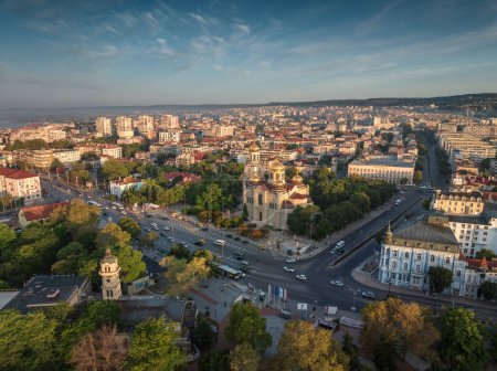 Photo for Aerial view above downtown of Varna, Bulgaria. Cityscape landscape, Drama theatre, The Cathedral of Assumption and city center - Royalty Free Image