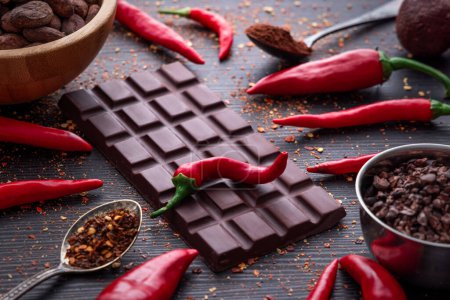 Photo for Dark chocolate bar, red hot chilli pepper cayenne,  dry hot chili spices, cocoa beans nibs powder, food tasty design on black wooden background - Royalty Free Image