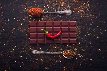 Photo for Dark chocolate bar, red hot chilli pepper cayenne,  dry hot chili spices, cocoa beans nibs powder, food tasty design on black wooden background - Royalty Free Image