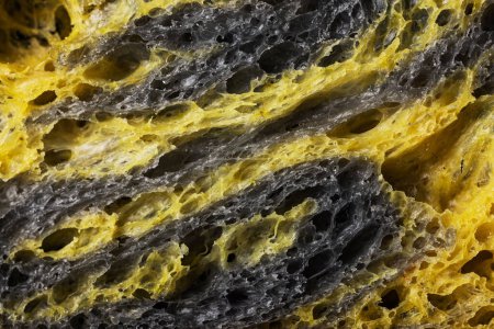 Foto de Textura de rebanada casera de masa fermentada pan recién horneado sobre fondo blanco, carbón activado, calabaza y especias de curcuma - Imagen libre de derechos