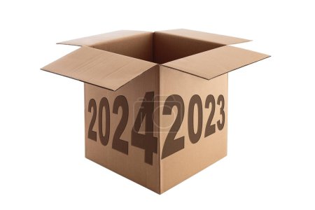 Photo for New year 2024 2023 text over open cardboard box isolated on white background - Royalty Free Image