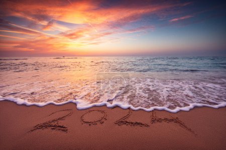 Photo for Happy New Year 2024 concept, lettering on the beach. Written text on the sea beach at sunrise. - Royalty Free Image