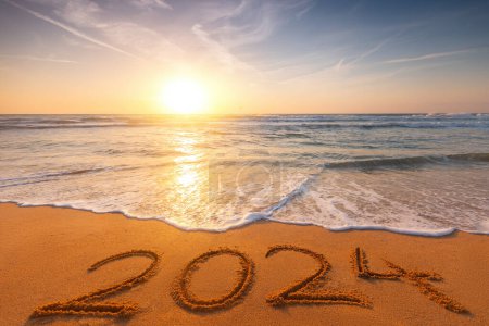 Photo for Happy New Year 2024 Text on Tropical Beach Sand and Turquoise Water of Caribbean Sea Wave and Ocean Horizon at Sunrise - Royalty Free Image