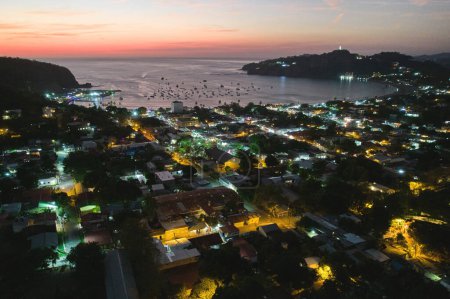 San juan del sur at night lights aerial drone view